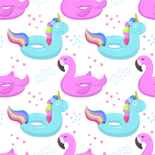 充气游泳圈与蓝色独角兽，火烈鸟。水上和沙滩充气橡胶玩具。夏季和海洋主题的无缝矢量图案。图片下载