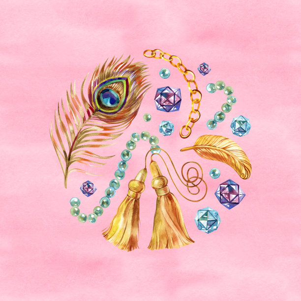 孔雀金羽毛。复古卷曲水彩背景。豪华的壁纸图片下载