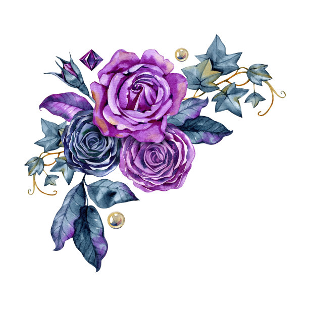 花束与紫玫瑰在白色孤立的背景。手绘水彩插图图片下载