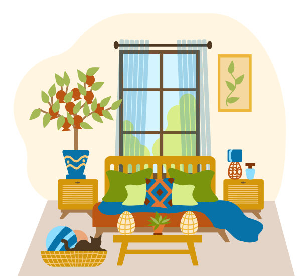 卧室的内部有一张大床，一张长椅，一棵石榴树和波西米亚风格的家具。矢量插图在平面手绘风格。环保的室内图片下载