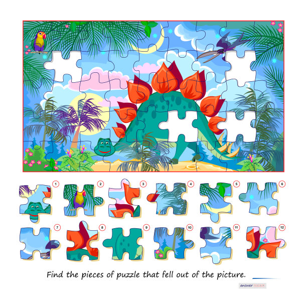 适合儿童和成人的逻辑游戏。找到从图片中掉落的拼图。儿童脑筋急转弯书页。注意力任务。发展空间思维。玩在线。矢量图像。图片下载