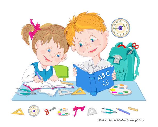 儿童逻辑益智游戏。找出9个隐藏在图片中的物体。小孩子在学校学习。教育的页面。玩在线。智商测试。注意力任务。矢量插图。图片下载