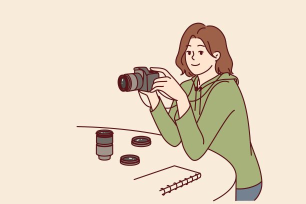女摄影师与相机坐在桌子上选择镜头的照片散文或创建肖像图片下载