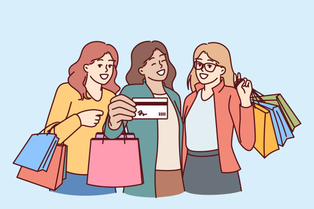 女人们在购物时炫耀信用卡，逛完商场后拿着精品店的包裹图片下载