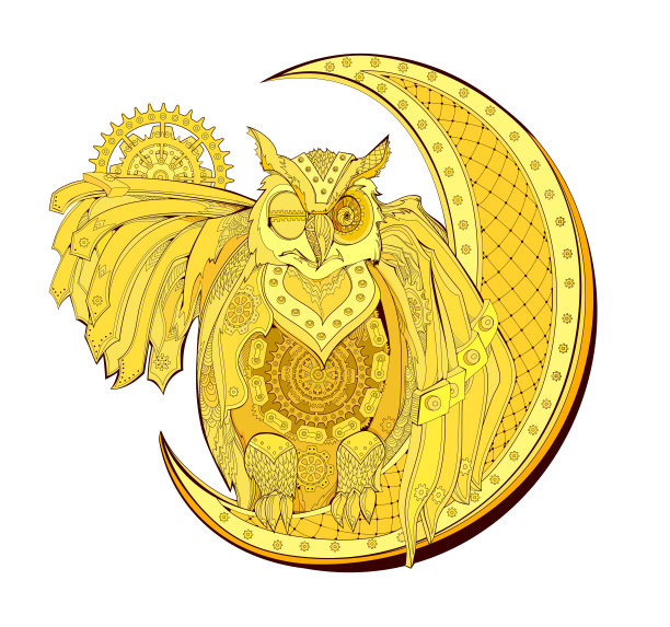 魔幻金色蒸汽朋克猫头鹰的奇幻插画。仙境的鸟。风格化印刷的标志，标签，图标，t恤。抽象的装饰。矢量卡通绘图。图片下载