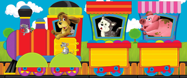 卡通有趣的蒸汽火车穿过牧场与农场动物-插图儿童图片下载