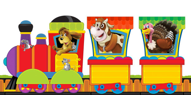 卡通蒸汽火车在轨道上与农场动物在白色背景空间的文字插图为儿童图片下载