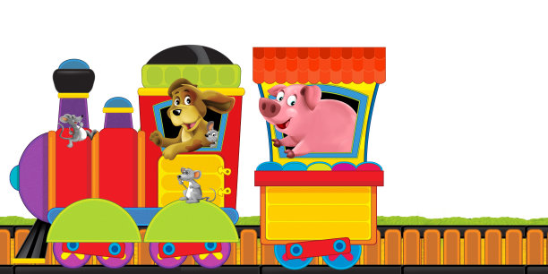 卡通蒸汽火车在轨道上与农场动物在白色背景空间的文字插图为儿童图片下载