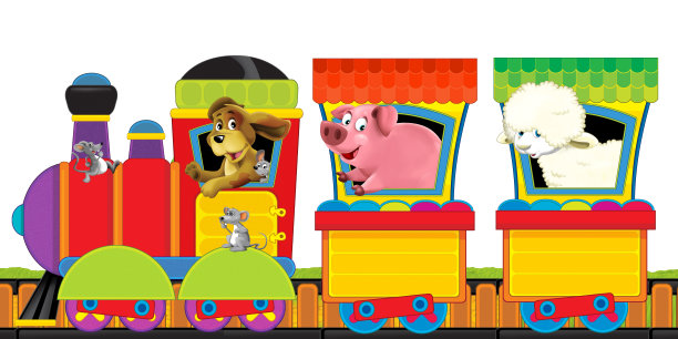 卡通蒸汽火车在轨道上与农场动物在白色背景空间的文字插图为儿童图片下载