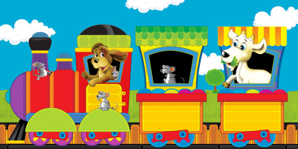 卡通蒸汽火车在轨道上与农场动物在白色背景空间的文字插图为儿童图片下载