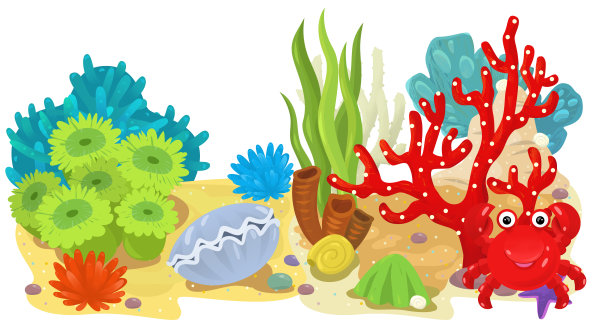 卡通场景与珊瑚礁花园孤立元素插图的孩子图片下载