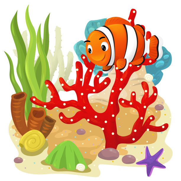 卡通场景与珊瑚礁游泳鱼孤立元素插图的孩子图片下载