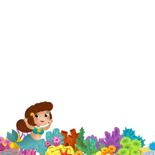 卡通场景与珊瑚礁美人鱼公主和快乐的鱼游泳附近孤立的插图孩子图片下载