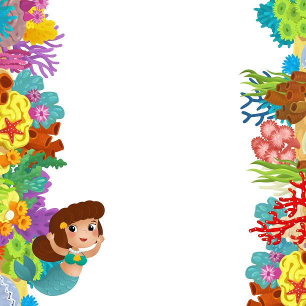卡通场景与珊瑚礁美人鱼公主和快乐的鱼游泳附近孤立的插图孩子图片下载
