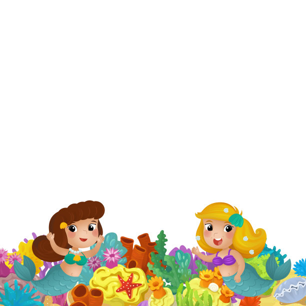 卡通场景与珊瑚礁美人鱼公主和快乐的鱼游泳附近孤立的插图孩子图片下载