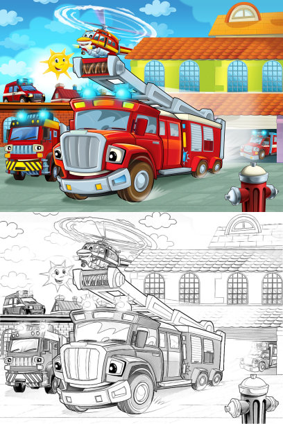 卡通消防车驶出消防站行动-不同的消防员车辆-儿童插图图片下载