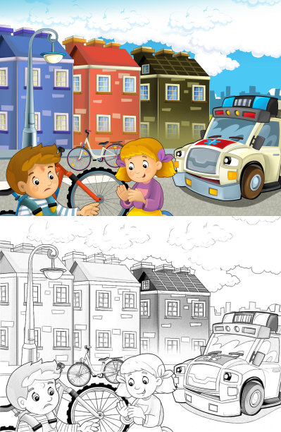 卡通场景，孩子们在自行车事故后和救护车来帮助-儿童插图图片下载