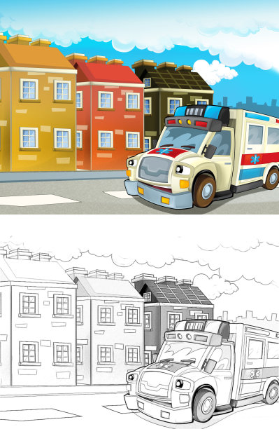 卡通场景在城市与快乐的救护车-插图儿童图片下载