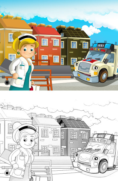 卡通场景在城市与医生车快乐救护车-插图为儿童图片下载