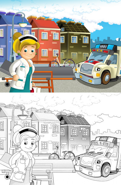 卡通场景在城市与医生车快乐救护车-插图为儿童图片下载