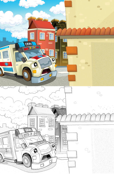 卡通场景在城市与快乐的救护车-插图儿童图片下载