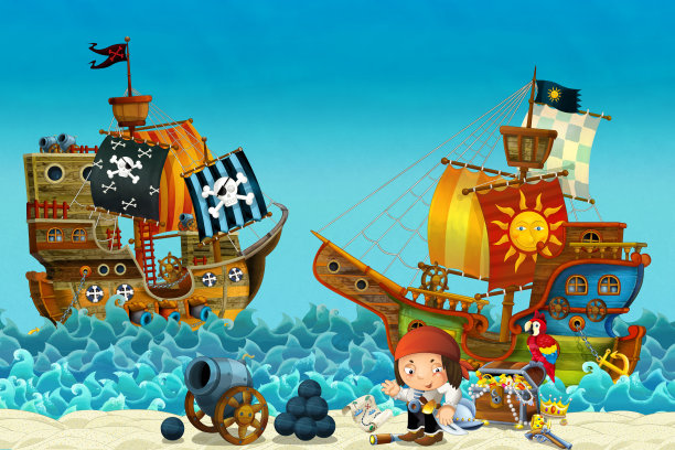 海边的沙滩或海洋的卡通场景-海岸上的海盗船长和宝箱-海盗船-儿童插图图片下载