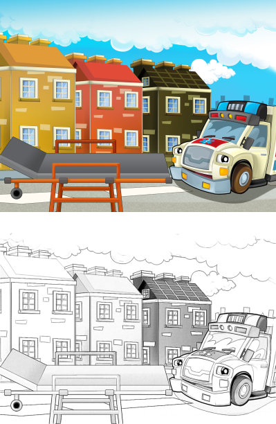 卡通场景在城市与医生车快乐救护车-插图为儿童图片下载