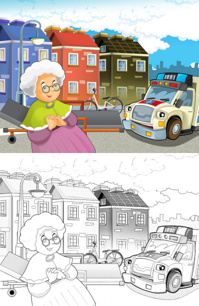 卡通场景在城市与医生车快乐救护车-插图为儿童图片下载