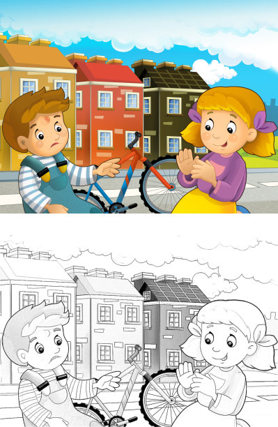 男孩和女孩骑自行车发生意外的卡通场景-儿童插图图片下载