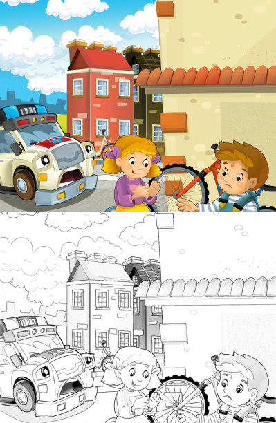 卡通场景，孩子们在自行车事故后和救护车来帮助-儿童插图图片下载