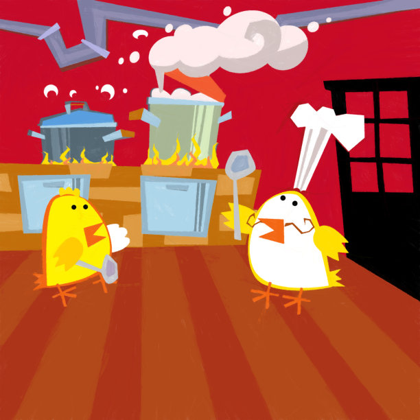 卡通场景与快乐的鸡公鸡烹饪在厨房插图的孩子图片下载