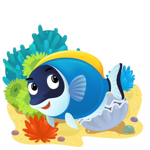 卡通场景与珊瑚礁游泳快乐鱼孤立元素插图的孩子图片下载