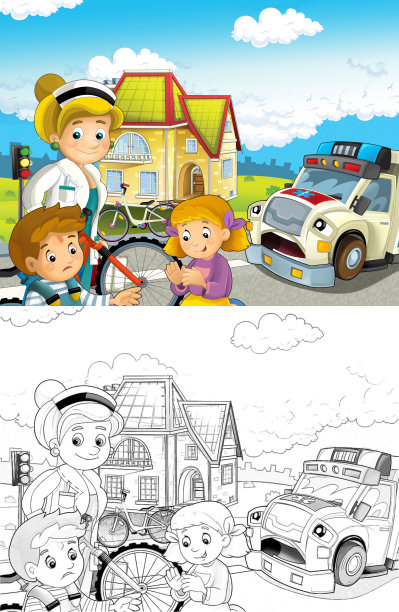 卡通场景，孩子们在自行车事故后，救护车和医生前来帮助-儿童插图图片下载