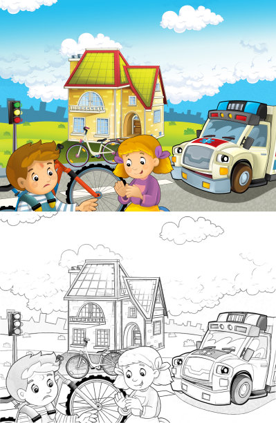 卡通场景，孩子们在自行车事故后和救护车来帮助-儿童插图图片下载