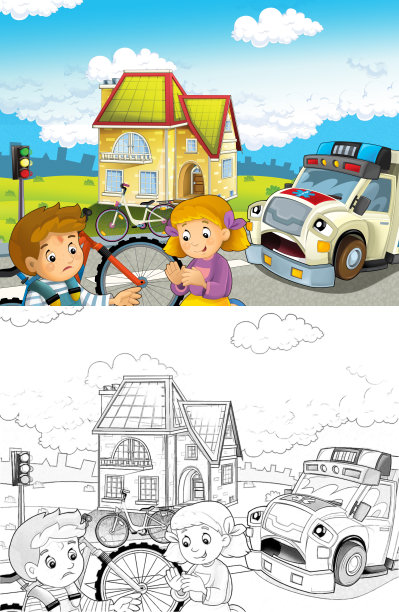 卡通场景，孩子们在自行车事故后和救护车来帮助-儿童插图图片下载