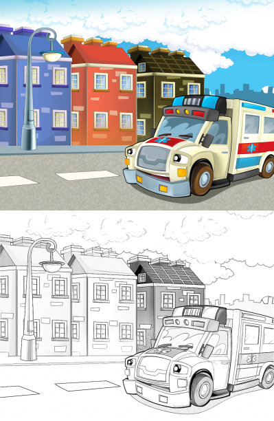 卡通场景在城市与快乐的救护车-插图儿童图片下载