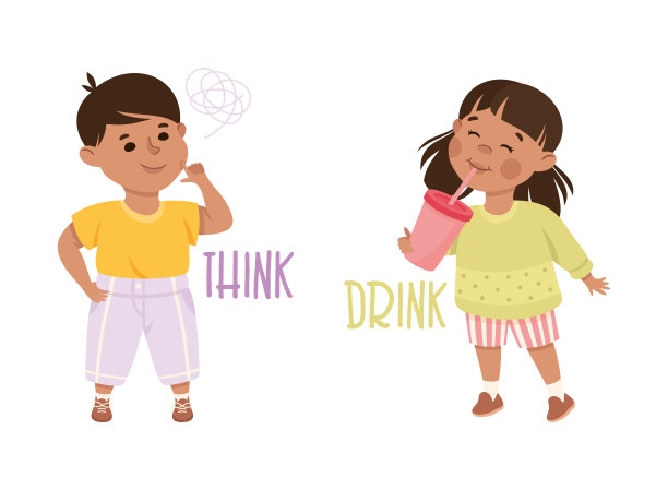 小男孩和小女孩喝酒和思考示范词汇和动词学习向量集图片下载