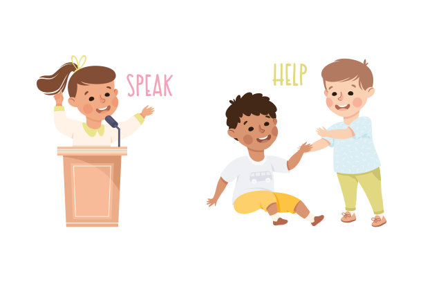 小男孩和小女孩从论坛演讲和帮助伸出手演示词汇和动词学习向量集图片下载
