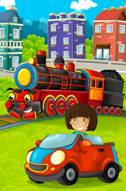 卡通城市的场景，孩子带着汽车玩具在轨道上的tran附近玩耍图片下载