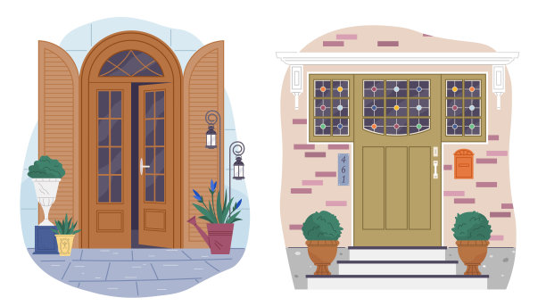 一组不同的房子入口，门廊和紧闭的门。有彩色窗户的公寓入口图片下载