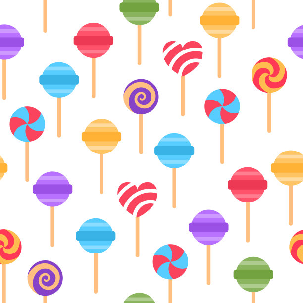 黄色背景上的彩色棒棒糖无缝图案。明亮什锦的温馨重复瓷砖图案。派对请客的食物壁纸。棒棒糖包装纸。糖果甜味织物矢量插图。图片下载