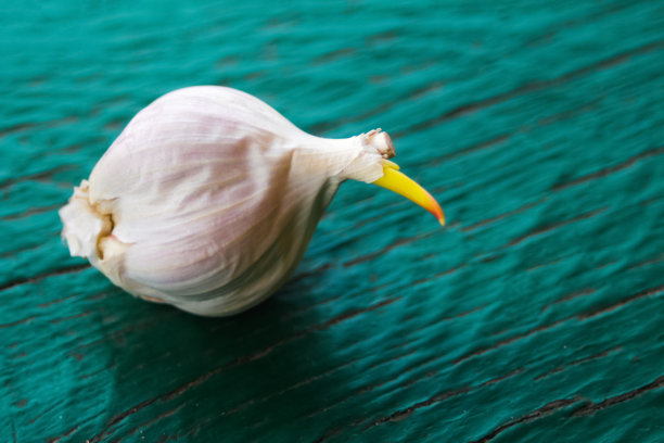 新鲜的白蒜。绿色木质背景上的黄芽蒜头。大蒜的特写。焦距不清图片下载