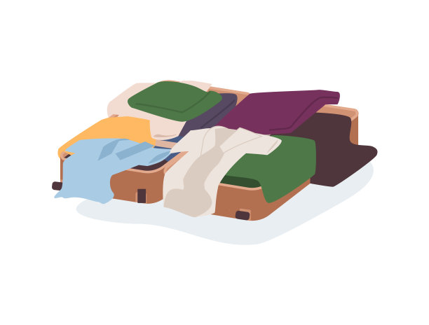 凌乱的行李箱与散落的衣服，平面矢量插图孤立的白色背景。图片下载