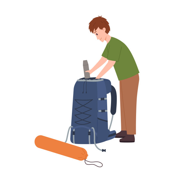 矢量插图的一个人站和包旅行背包与睡眠露营袋，滚动睡毯，隔离在白色背景图片下载