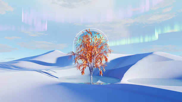 3d渲染超现实的沙丘景观背景与孤独的树，抽象梦幻沙漠沙丘调味景观环境，全景，未来的场景与复制空间，蓝天和多云图片下载