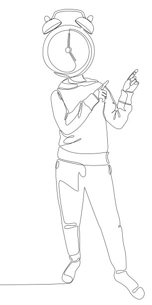 一个连续的人，用手指指着闹钟，象征着时间的伪装。细线插图矢量概念。轮廓画创意。图片下载