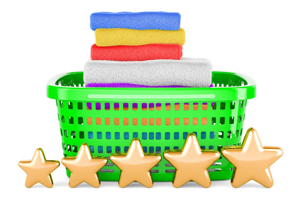 装满干净衣服的洗衣篮，上面有五颗金星，3D渲染图片下载