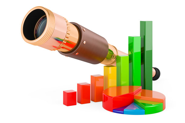 海盗望远镜与增长条形图和饼状图，3D渲染图片下载