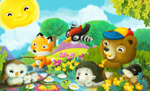 卡通场景森林动物钓鱼插图图片下载