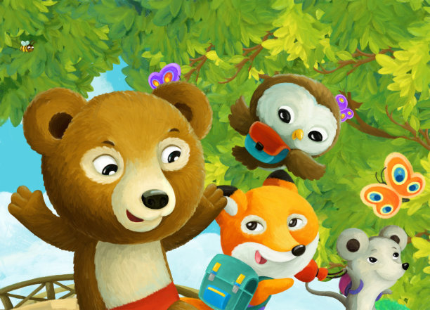 卡通场景公园和动物孩子上学图片下载